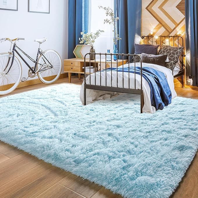 YJ.GWL Area Rugs for Living Room Bedroom, 8x10 Machine Washable Large Light Blue Carpet, Soft Fluffy Shaggy Thick Big Shag Indoor Floor Rug for Kids Boy and Girls Room Dorm Home Decor Aesthetic