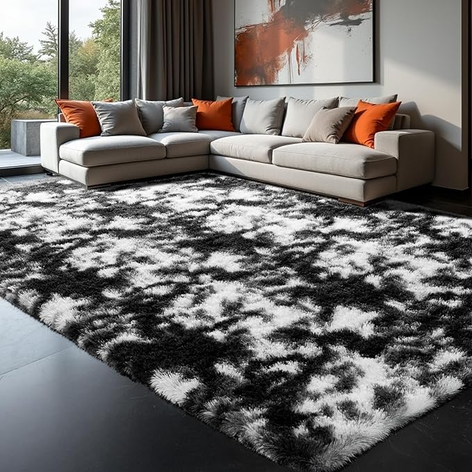 Zentavio Black and White Area Rugs for Living Room Large Rugs for Bedroom 8x10 Soft Carpet Fluffy Furry Shag Aesthetic Plush High Pile Gray Throw Rug for Nursery Kids Room Dorm Tie-Dyed