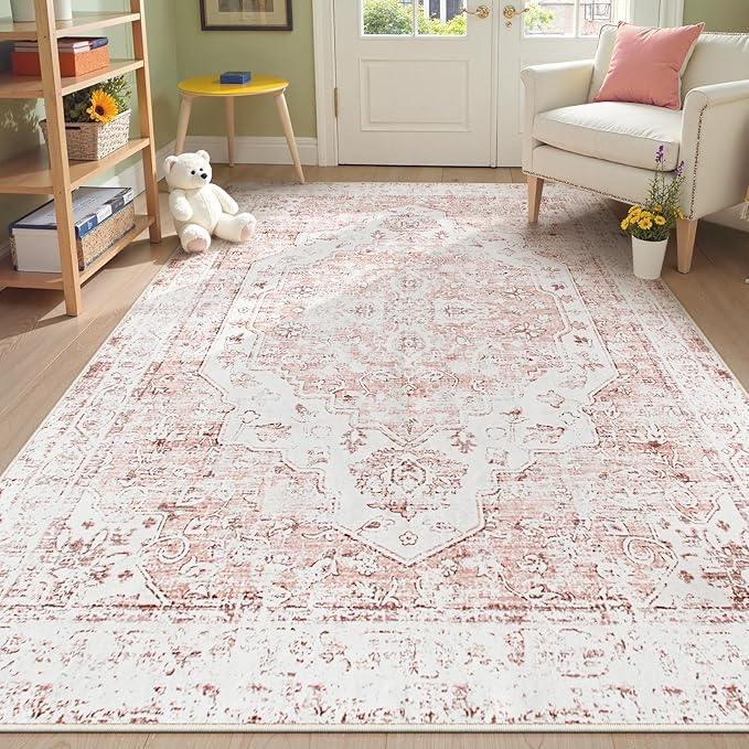 Morebes Boho 5x7 Pink Rugs for Bedroom Girls, Soft Low Pile Nursery Rug Washable Carpet for Living Room, Neutral Non Slip Indoor Floor Carpet for Kids Room Playroom Dining Room