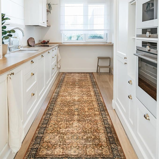 Morebes Vintage Carpet Runners for Hallway 8ft, Floral Kitchen Runner Rugs Non Skid Washable, Super Soft Indoor Throw Carpet for Entryway Entrance Laundry Room Bedroom, Dark Brown