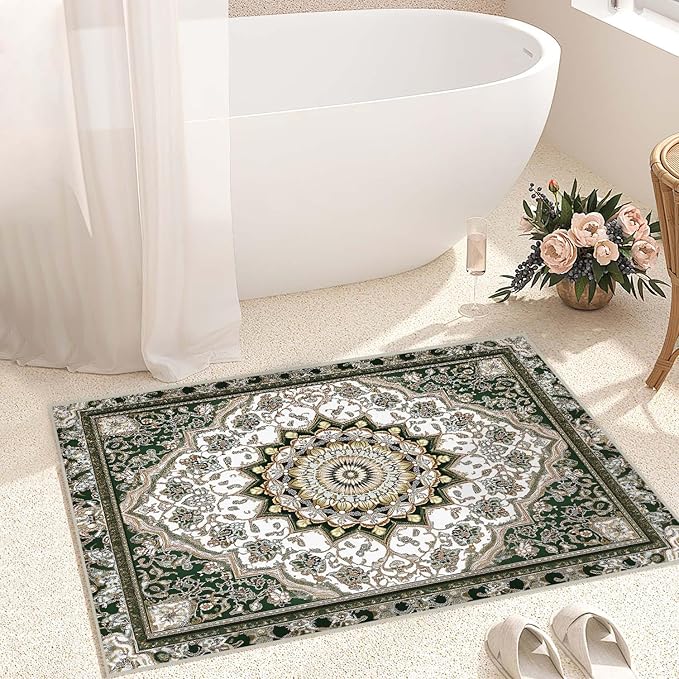 2x3 Entryway Rug Traditional Oriental Vintage White Dark Green Area Rug Indoor Entrance Non Slip Door Mat Stain Resistant Washable Machine Soft Low Pile Small Carpet Bathroom Kitchen