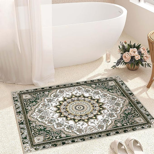 2x3 Entryway Rug Traditional Oriental Vintage White Dark Green Area Rug Indoor Entrance Non Slip Door Mat Stain Resistant Washable Machine Soft Low Pile Small Carpet Bathroom Kitchen