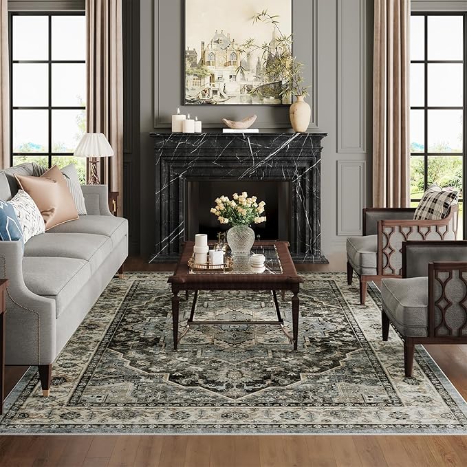 Dripex 5x7 Area Rugs, Machine Washable Non Slip Distressed Boho Rugs, No Pile Lightweight Vintage Rug, Floor Carpet for Living Room,Dining Room,Bedroom and Office,Dark Blue and Green