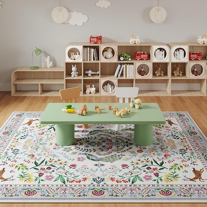 Area Rug 4x6 Rug Washable Rugs Floral Non Slip Low Pile Small Carpet for Bedroom, Bedside, Kids Room, Office, Dining Room(Colorful)