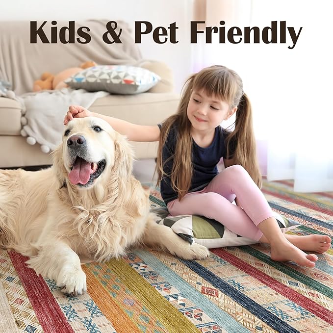 10x14 Washable Area Rug: Moroccan Large Neutral Boho Area Rug for Living Room & Bedroom Geometric Non-Slip Farmhouse Carpet for Living Room Red&Blue Colourful 10'x14'.