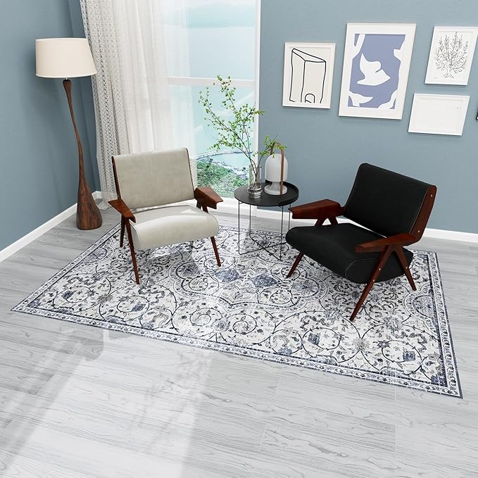 SALLOUS Runner Rug for Hallway, 6x2ft Vinyl Floor Mat for Hallway, Non-Slip Kitchen Mat for Home, Waterproof Area Rug for Bathroom, Entryway (Grayish Blue, Bohemian-Style)