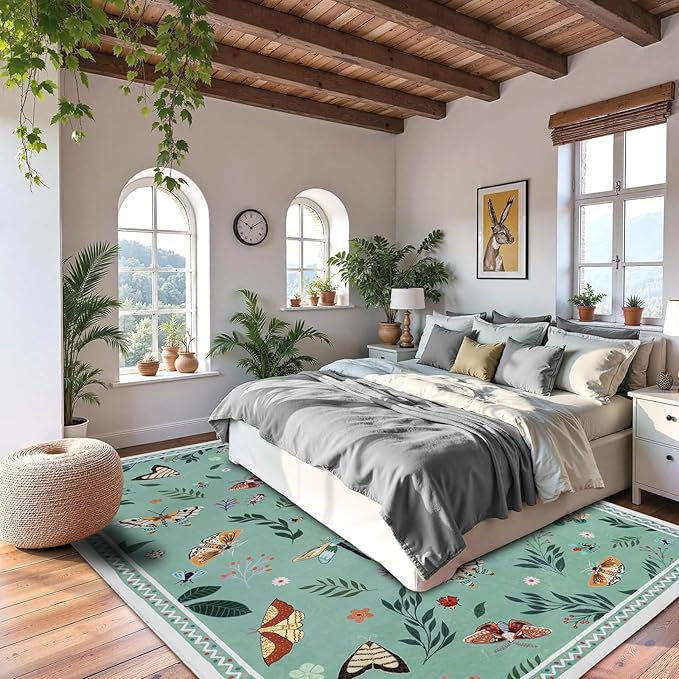 ASPMIZ Insect Area Rug 3X5, Green Bedroom Rug Non Slip, Spring Summer Washable Rug Farmhouse Butterfly Living Room Rugs Low Pile, Soft Faux Wool Throw Carpet for Entryway, Office, Nursery, Green
