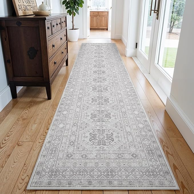 3x14 Runner Rug Kitchen Washable: Oriental Indoor Hallway Runners with Non Slip Backing Floor Mat for Entryway Door Low Pile Thin Carpet for Bedroom Bathroom Living Room Bedside Grey
