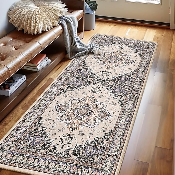 BESTSWEETIE 2x6 Area Rugs for Living Room, Washable Ultra Soft Boho Vintage Print Pattern Rug Non Slip Low Pile Carpet for Dining Room Bedroom Entryway Indoor-Khaki/Beige/Purple/Black