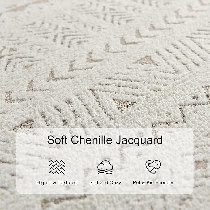 RYB HOME Machine Washable 2x3 Jacquard Door Rug, Non Slip 3D Textured Geometric Tufted Carpet for Entry Door, None Shedding Area Rug for Kitchen Bathroom Hallway, Beige
