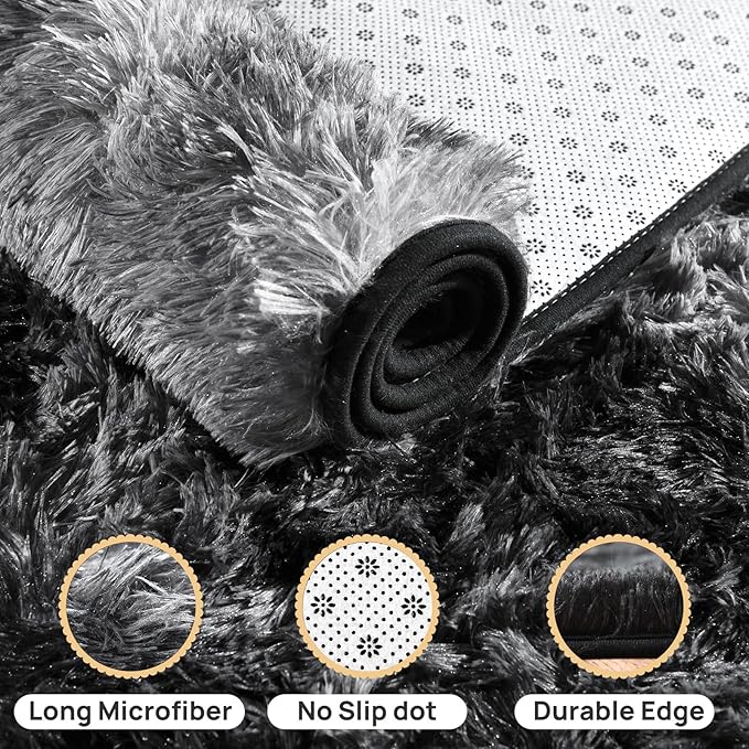 Height Pile 1.4" Plush Rug Shaggy Soft Fluffy Rug Non-Slip Indoor Floor Carpet for Living Room Plush Carpet for Living Room Tie-Dyed Black Grey 2x3 Feet
