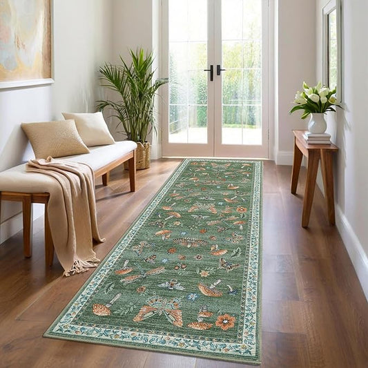 2.5x8 Runner Rug for Hallway Washable Kitchen Rugs Non Slip with Rubber Back Mushroom Soft Low-Pile Stain Resistant Foldable Indoor Carpet for Entryway Laundry Room Floor Mats Green