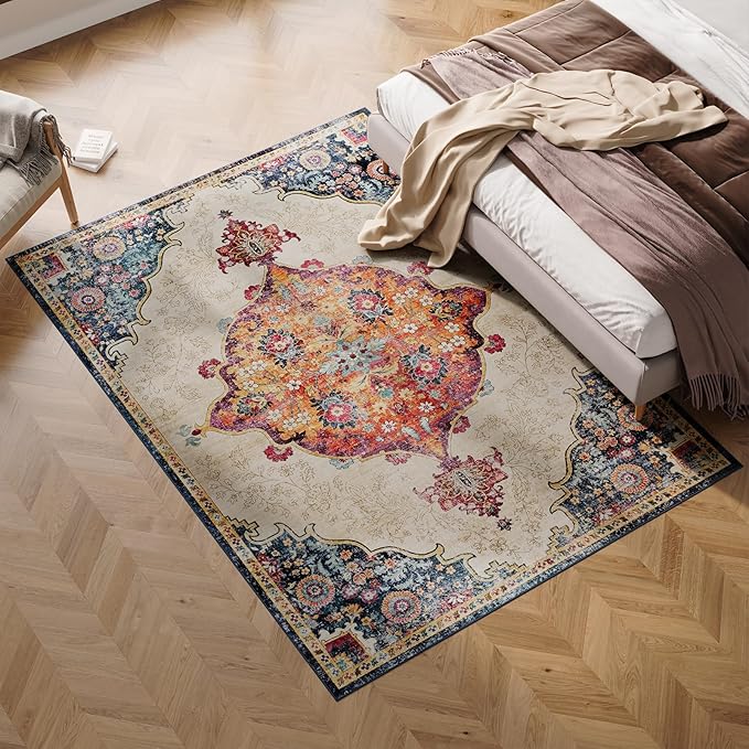 Dripex 4x6 Area Rugs, Machine Washable Non Slip Boho Rugs,Distressed Bedroom Rug, No Pile Lightweight Vintage Rug, Floor Carpet for Living Room,Dining Room and Office,Multi