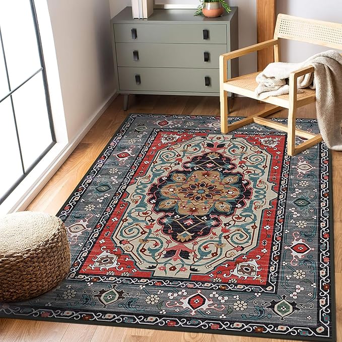 Washable Area Rugs 5'x7' Living Room, Non Slip Boho Vintage Low Pile Large Rugs for Living Room Stain Resistant for TribalBedroom, Farmhouse, Dining Room, Kids Playroom
