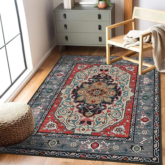 Washable Area Rugs 5'x7' Living Room, Non Slip Boho Vintage Low Pile Large Rugs for Living Room Stain Resistant for TribalBedroom, Farmhouse, Dining Room, Kids Playroom