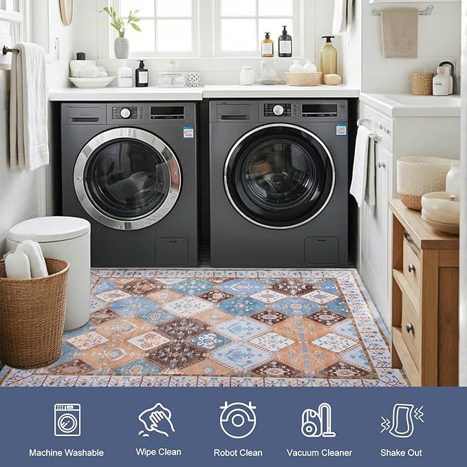 Blue Washable Area Rug for Living Room,6x9 Boho Non-Slip Bedroom Rugs, Moroccan Floral Trellis Carpet Soft Low Pile Vintage Indoor Mat for Kitchen Laundry Room