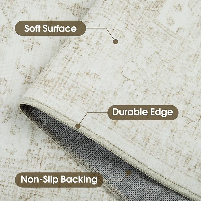 Washable Rugs 8x10 Area Rugs, Soft Vintage Living Room Rug with Anti-Skid Backing Stain Resistant Thin Indoor Carpet Large Area Rug for Bedroom Under Dining Room Table Nursery Entryway-Light Beige