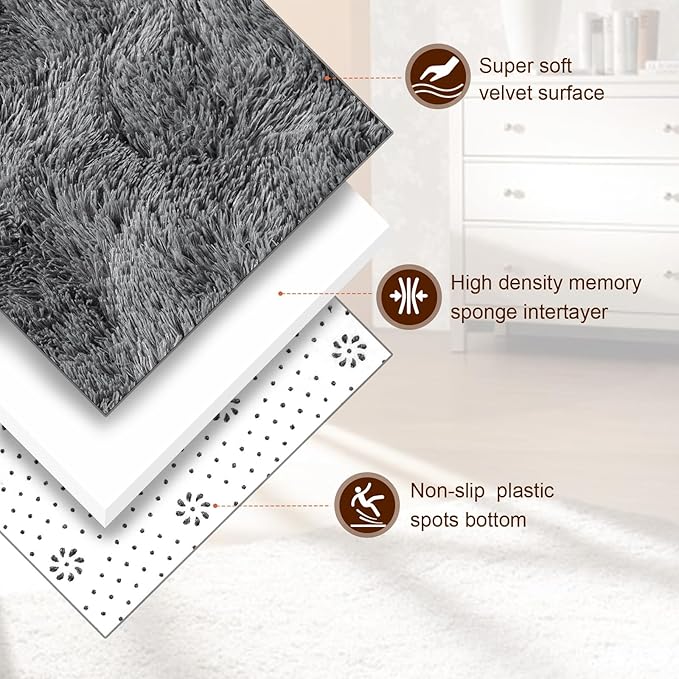 TWINNIS Super Soft Shaggy Rugs Fluffy Carpets, 6x9 Feet, Indoor Modern Plush Area Rugs for Living Room Bedroom Kids Room Nursery Home Decor, Upgrade Anti-Skid Rectangular Fuzzy Rug, Gray