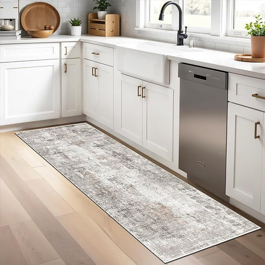 2x5 Non-Slip Washable Runner Rug – Modern Neutral Abstract Small Rug for Hallway, Kitchen, Bathroom, Bedroom, Entryway, Laundry Room – Thin Soft Low-Pile Rubber Backing (Beige/Grey)