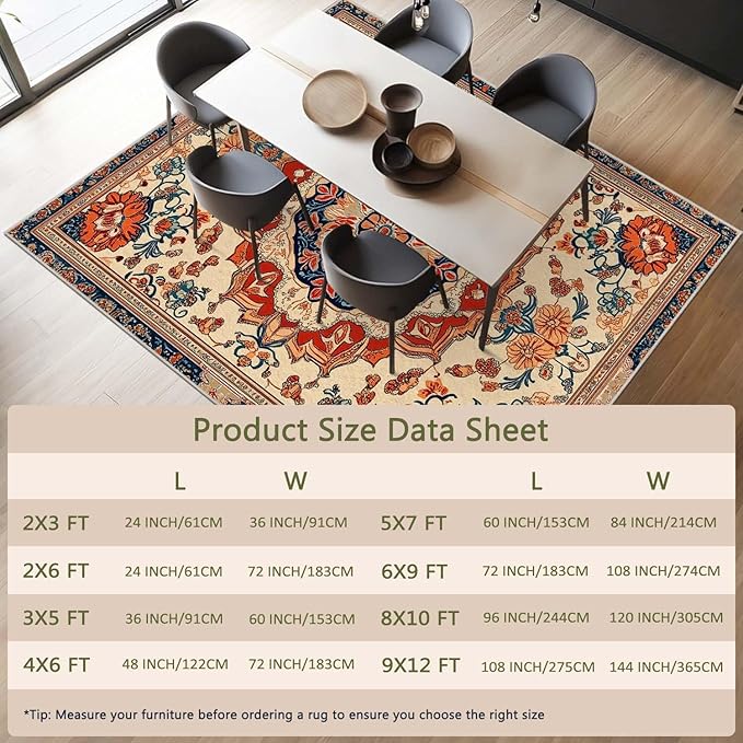 3x5 Entryway Rug Boho Orange Blue Area Rug Indoor Entrance Non Slip Door Mat Stain Resistant Washable Machine Soft Low Pile Small Carpet Bathroom Kitchen