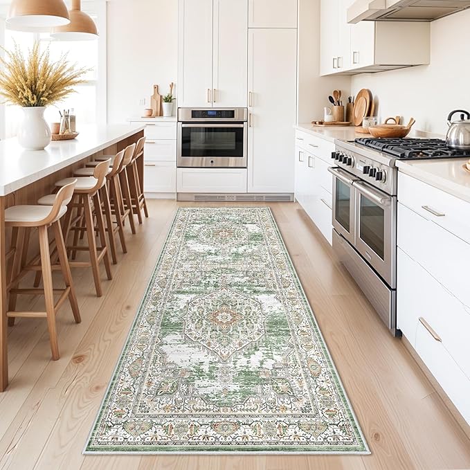 Washable Hallway Runner Rugs 3x8: Soft Ultra Thin Low Pile Carpet Machine Washable Indoor Lightweight Rug Runner Anti Slip Backing Rugs for Living Room Bedroom Kitchen 3'x8' Green