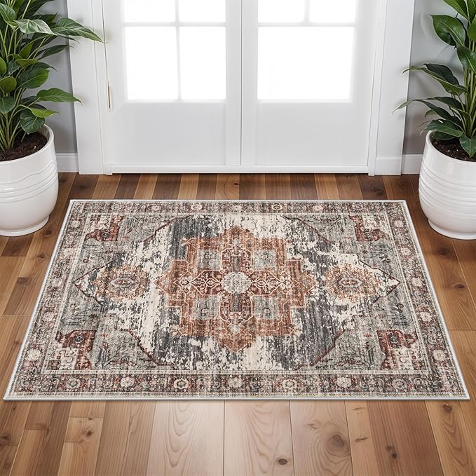 RUUGME Washable 2x3 Area Rugs - Large Boho Rugs for Living Room Stain Resistant Carpet Vintage Tribal Rugs for Bedroom Kitchen Bathroom with Non Slip Backing Home Decor Floor Decoration Mat 2x3 Brick