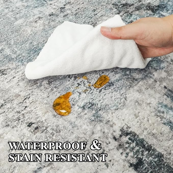 Washable Abstract Area Rug 3x5 - Rugs for Living Room Large Non Slip Indoor Entryway Rubber Backing Carpet Bedroom Kitchen Distressed Stain Resistant Floor Decor Mat Machine Washable 3x5 Blue