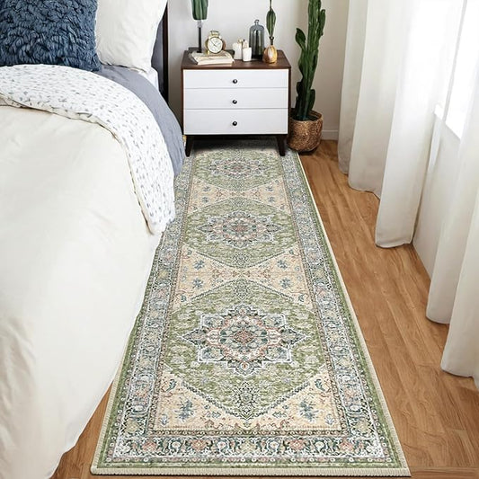 BESTSWEETIE 2x8 Area Rugs for Living Room Washable Non Slip Carpet Low Pile Soft Vintage Print Pattern Rug for Bedroom Dining Room Kitchen Entryway Indoor-Green/Light tan/Blue/Grey
