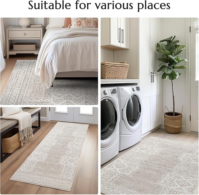 jinchan Area Rug 2x3 Ultra-Thin Door Mat Washable Vintage Boho Geometric Entryway Rug Non-Slip Non-Shedding Carpet for Bathroom Bedroom Laundry Room Brown Ivory