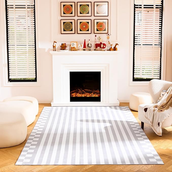 Carvapet Rugs for Living Room, Soft Striped Modern Boho Low Pile Large Carpet with Rubber Backing, Foldable, Non Slip Machine Washable (12 x 9 Feet Rectangular, Grey Area Rug)