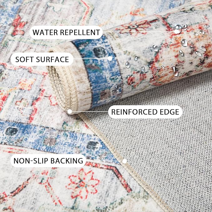 Washable 9x12 Area Rugs, Rugs for Living Room, Low-Pile Water&Stain Resistant Carpet Vintage Distressed Printed Non-Slip Carpet for Bedroom Bathroom Kitchen-Blue
