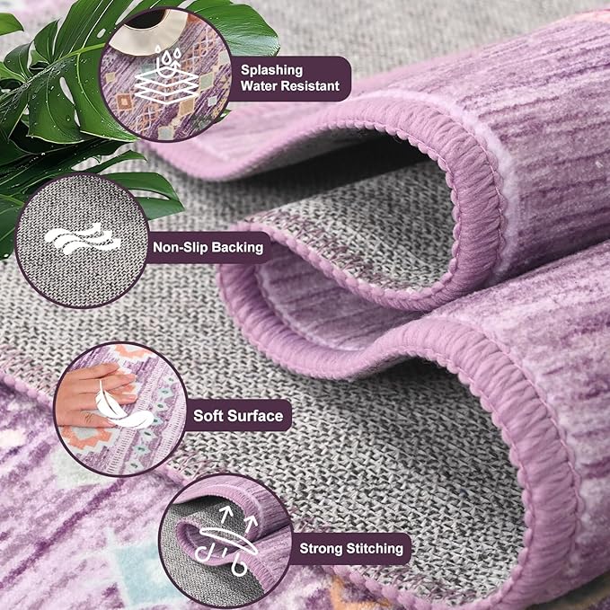 2x3 Small Rugs for Bedroom, Washable Aztec Geometric Indoor Entryway Door Rug with Non-Slip Backing, Soft Moroccan Throw Rug Western Carpet for Kitchen Home Office, Purple & Pink