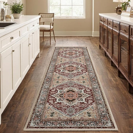 BESTSWEETIE 2x8 Area Rugs for Living Room Washable Non Slip Carpet Low Pile Soft Vintage Print Pattern Rug for Bedroom Dining Room Kitchen Entryway Indoor-Wine/Brown/Brick/Black/Light tan