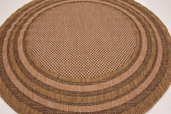 Unique Loom Outdoor Border Collection Area Rug - Multi Border (6' Round, Light Brown/ Brown)