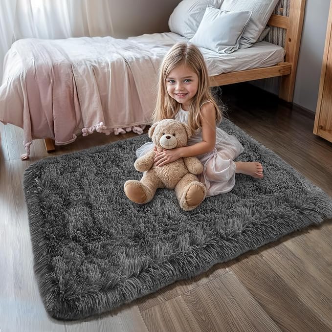 Grey Rug for Bedroom, 2x3 Fluffy Area Rugs for Kids Playroom, Furry Carpet for Nursery Room, Shaggy Rug for Teen Living Room, Thick Fuzzy Plush Rug for Dorm, Cute Room Decor for Baby