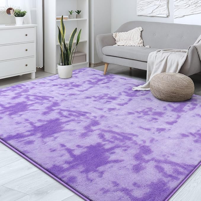 FlyDOIT Large Area Rugs for Living Room Bedroom, 7x10 Ft Tie-Dyed Purple Ultra Soft Comfy Thickened Memory-Foam Indoor Carpets, Cozy Modern Floor Rug for Boys Girls Playroom Dorm Nursery Home Décor