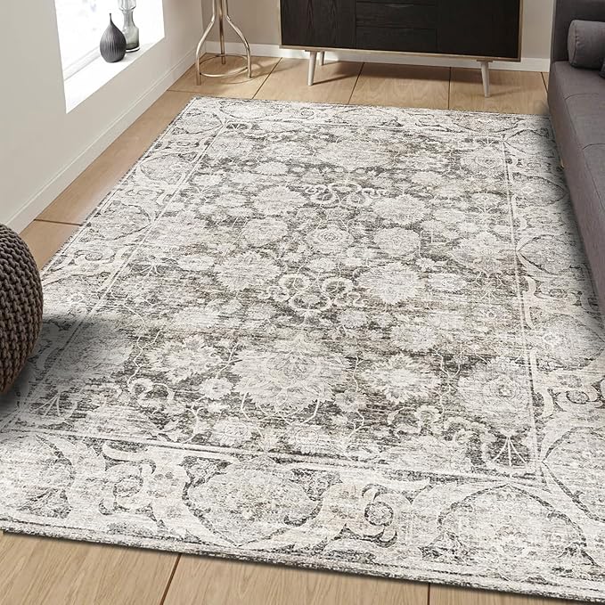 Floral Living Room Rug 8x10, Washable Taupe Area Rugs for Bedroom, Vintage Rug 8x10, Soft Pet Friendly Stain Resistant Floor Carpets for Dining Room Decor (Taupe, 8X10)