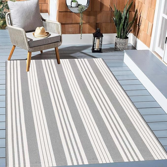 BUAGETUP Grey and White Striped Outdoor Patio Rug 4' x 6',Hand Woven Cotton Patio Rug Front Porch Rug Indoor Outdoor Area Rug for Bedroom/Living/Room/Patio