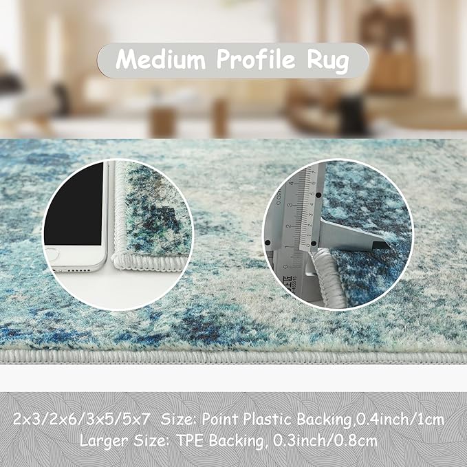 Lahome Modern Abstract Runner Rug with Rubber Backing - 2x6 Washable Rug Runners for Hallways Non Slip, 6 Ft Long Accent Carpet for Bathroom Kitchen Bedroom Entryway,Blue/Grey