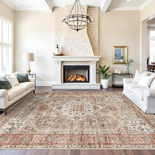 Washable 9x12 Large Area Rug: Vintage Non-Slip Backing Rugs for Living Room Stain Resistant Bedroom Carpet Soft Medallion Farmhouse Floor Mat for Dining Room Home Office 9x12 Orange/Brown