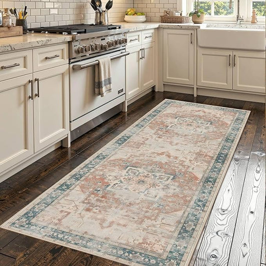 2x5 Hallway Runner Rug, Non Slip Boho Runner Rugs Kitchen, Entrance, Bathroom, Laundry Room, Soft Low Pile Carpet, Throw Retro Imitation Wool Carpet, Coral(Blue&Orange)