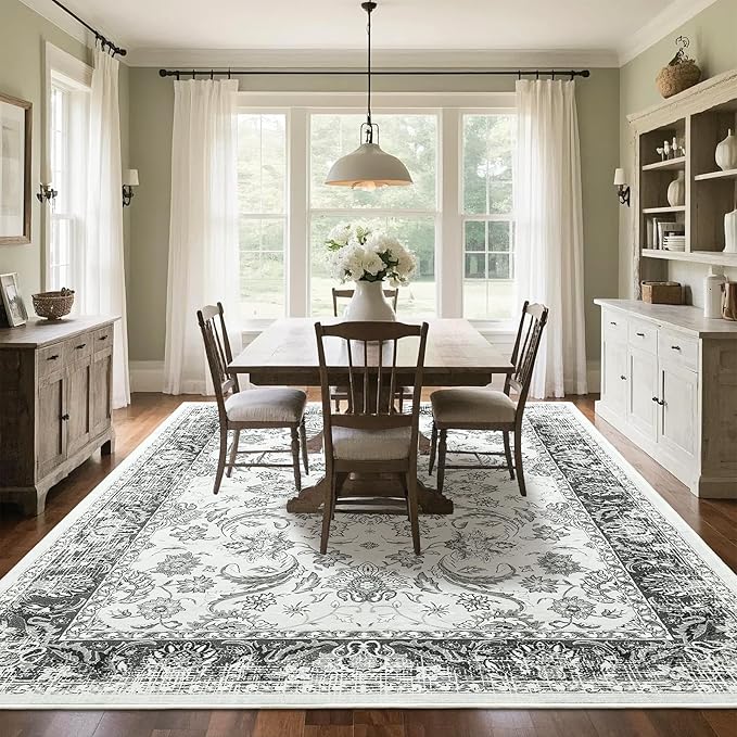 Area Rugs for Living Room, 4x6 Washable Rugs for Bedroom, Non-Slip Floral Carpet for Entryway Office Kitchen Dining Room, Grey and White