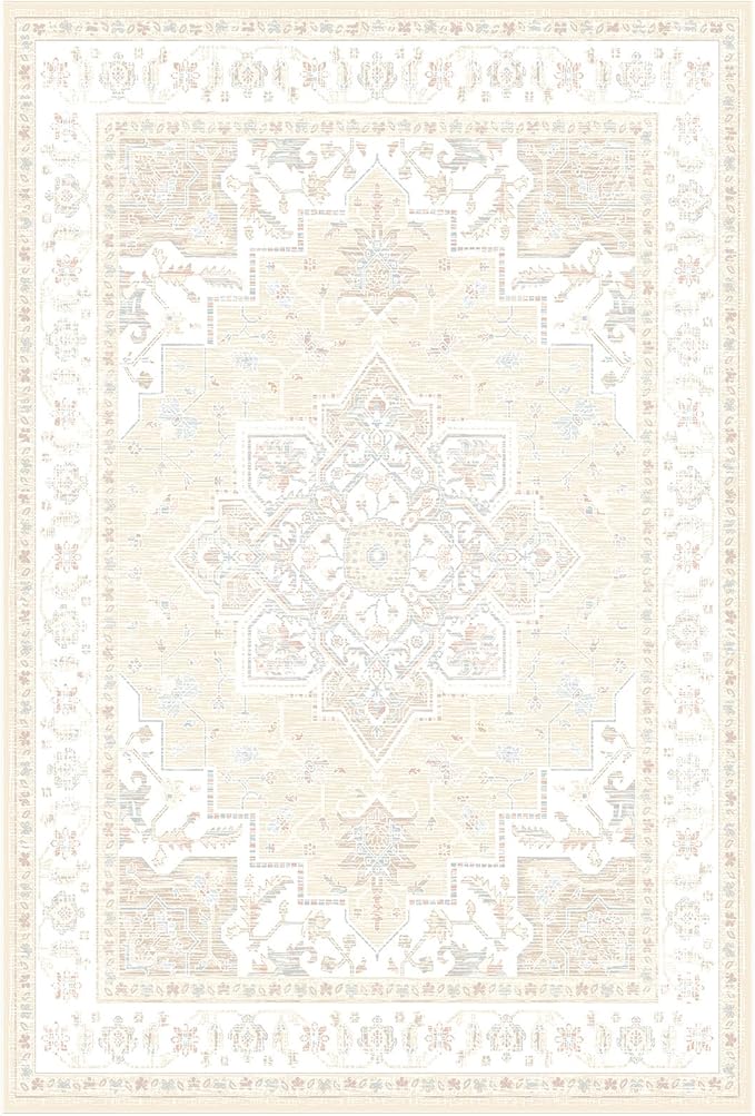 BESTSWEETIE 2x3 Area Rugs for Living Room, Washable Ultra Soft Boho Vintage Print Pattern Rug Non Slip Low Pile Carpet for Dining Room Bedroom Entryway Indoor-Cream/Light Ivory/Beige