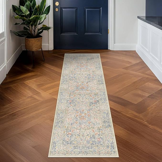 Non Slip Beige Blue Bathroom Runner Rug - Long Runner Rugs 24 x 72 Washable Kitchen Floor Mat, Laundry Room Rug, Hallway Runner - Vintage Design Décor (2x6 Beige Blue)