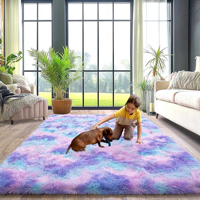 Upgrade Non-Slip Plush Rugs Fluffy Area Rugs for Living Room, Soft Shaggy Carpets for Living Room, Perfect Decor for Modern Home Rainbow 6x9 Feet