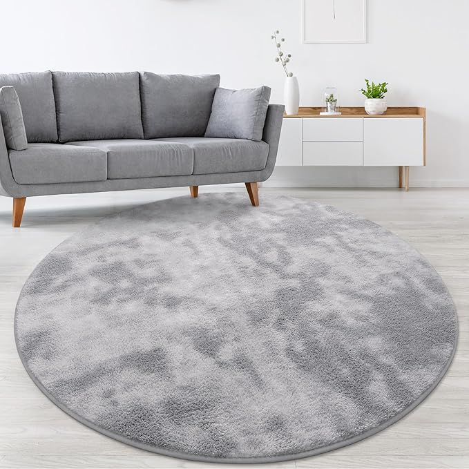Lascpt Round Rug for Bedroom 6x6, Tie-Dyed Grey Circle Rug for Living Room Super Soft Thicken Memory Foam Circular Rug, Indoor Area Rug for Modern Home Decor, Round Carpet for Nursery Kid's Room