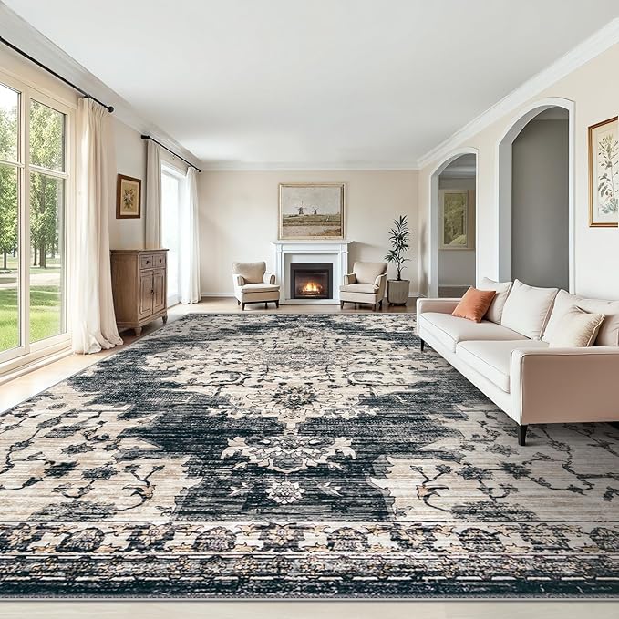 10x12 Area Rugs Washable Rug: Large Vintage Living Room Rug with Non-Slip Backing Low Pile Soft Indoor Floor Thin Carpet Non Shedding Neutral Carpet for Bedroom Dining Room Farmhouse Nursery Black
