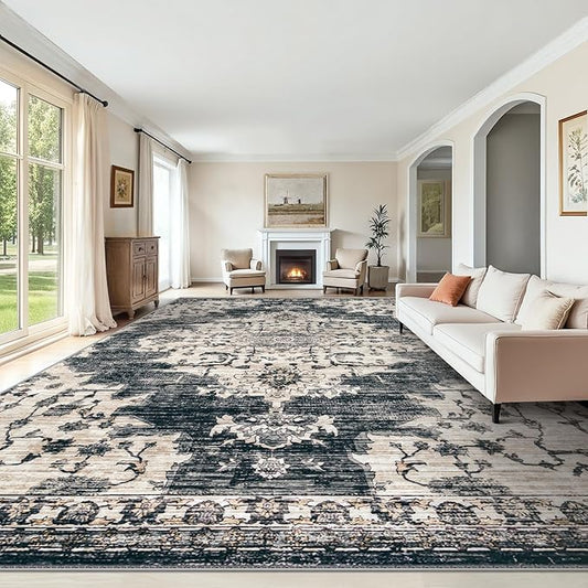 10x12 Area Rugs Washable Rug: Large Vintage Living Room Rug with Non-Slip Backing Low Pile Soft Indoor Floor Thin Carpet Non Shedding Neutral Carpet for Bedroom Dining Room Farmhouse Nursery Black