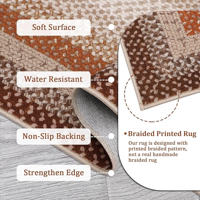 Imitation Braided Collection-Print Large Washable Area Rug 8x10 Living Room Rug Non-Slip Soft Contemporary Bordered Accent Carpet, Farmhouse Low Pile Floor Mat for Bedroom, Dining Room