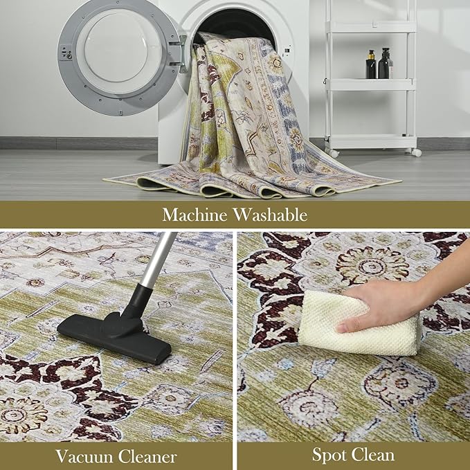 Vintage 3x5 Rug, Entryway Rug with Non Slip Backing, Soft Washable Area Rug for Indoor Entry, Low Pile Stain Resistant Non-Shedding Carpet for Bedroom, Living Room, Entryway, Green